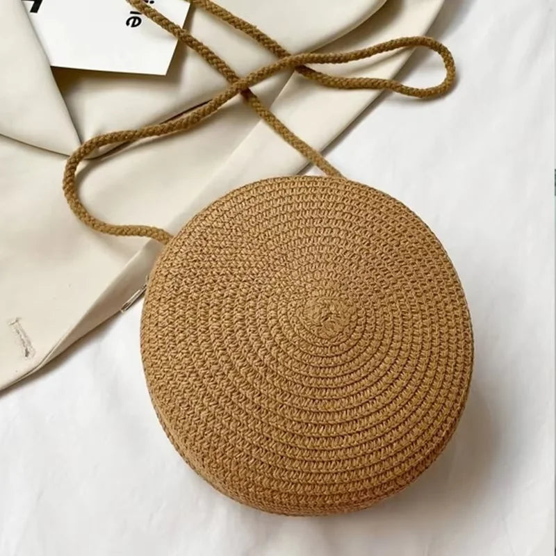 Minimalist Straw Bag Round Crossbody Purse Women Shoulder Vocation Style Handbag genuine grade new in handbag