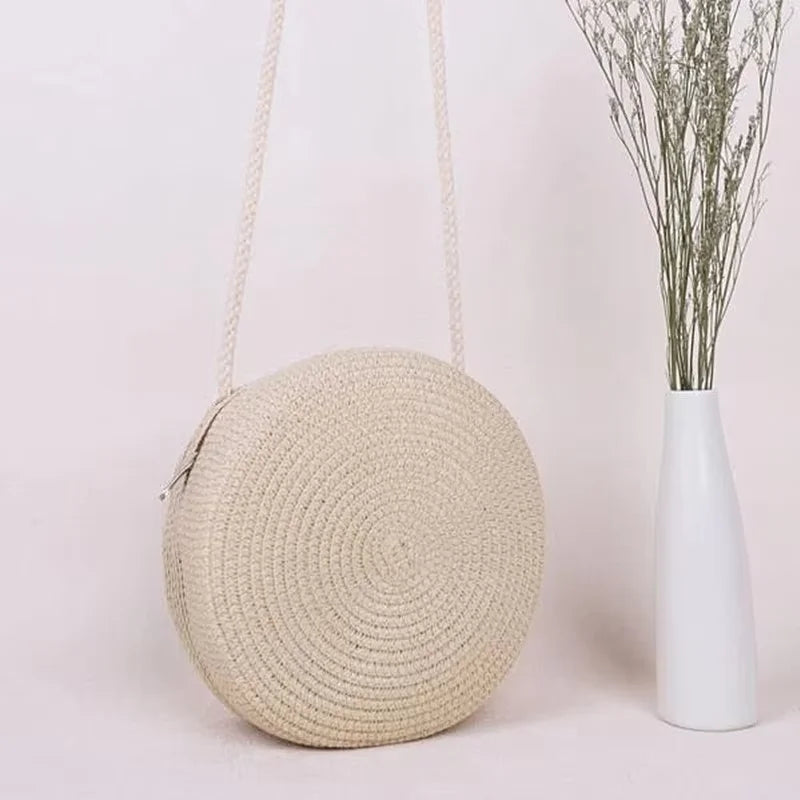 Minimalist Straw Bag Round Crossbody Purse Women Shoulder Vocation Style Handbag genuine grade new in handbag