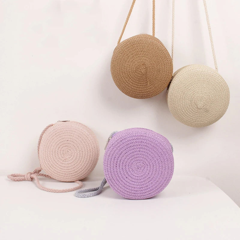 Round Straw Bag Women Woven Beach Crossbody Bag for Ladies Cute Shoulder Rattan Handmade Knitted Candy Color Small Handbag Bolsa
