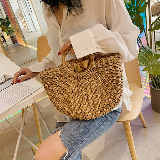 Handmade Straw Beach Bag – Moon Tote for Women
